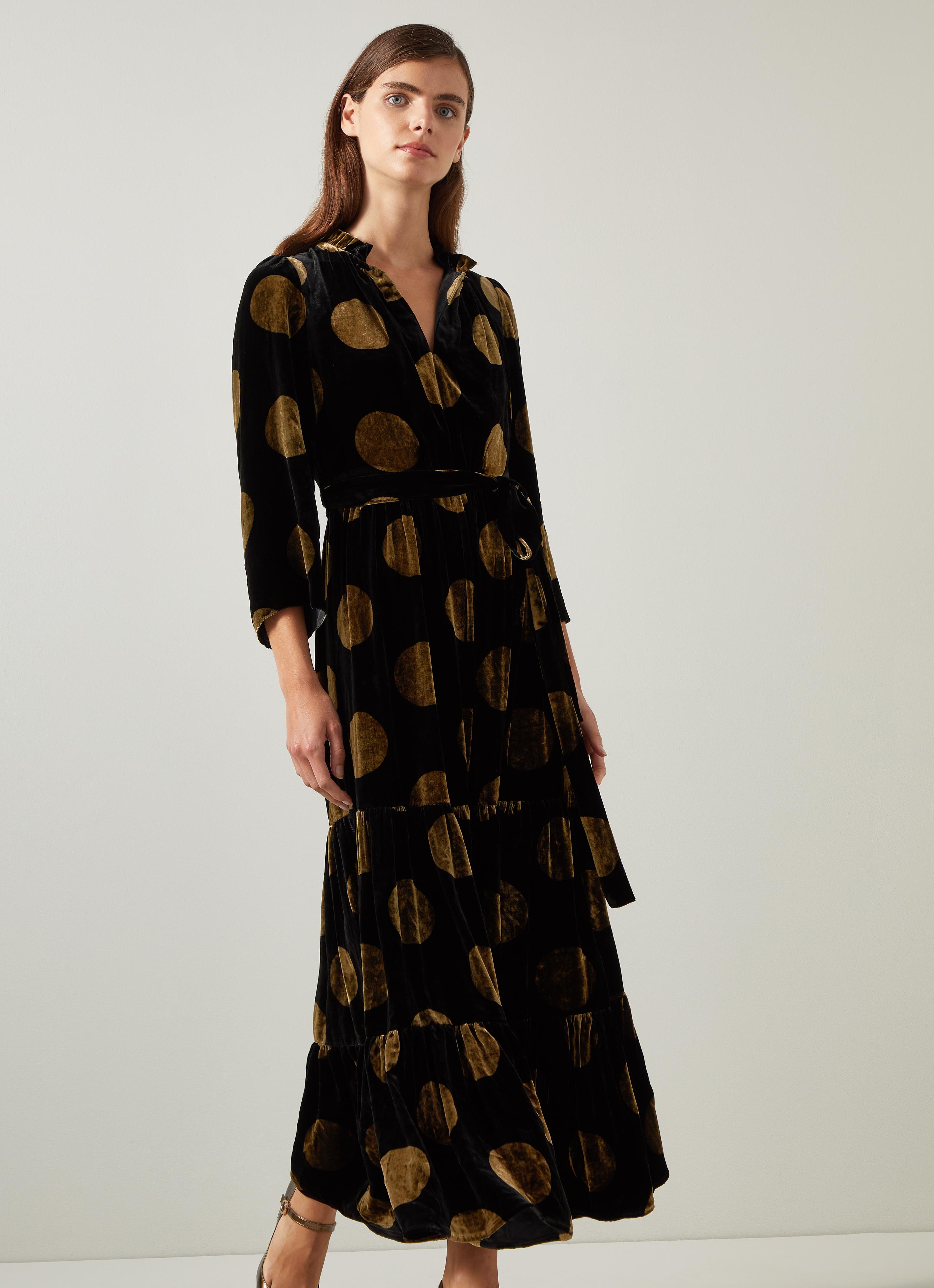 Lulu Black Gold Giant Spot Print Velvet Dress Party Dresses Partywear Occasionwear L.K.Bennett London